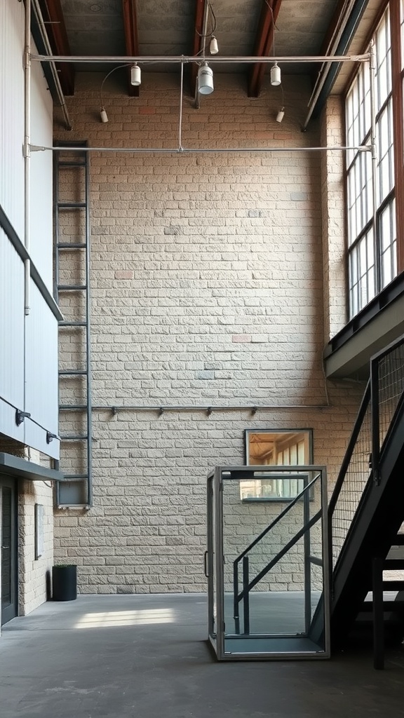 An interior space showcasing a stone wall with industrial design elements.
