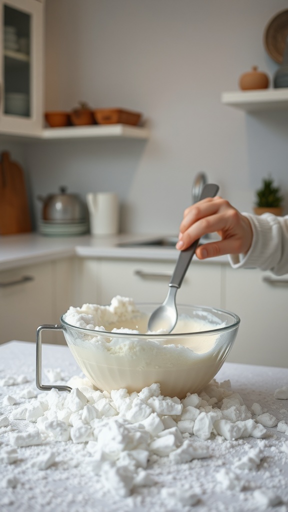 A bowl of snow ice cream being mixed with a spoon.