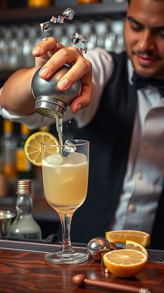 A bartender mixing a classic margarita with ice and garnishes.