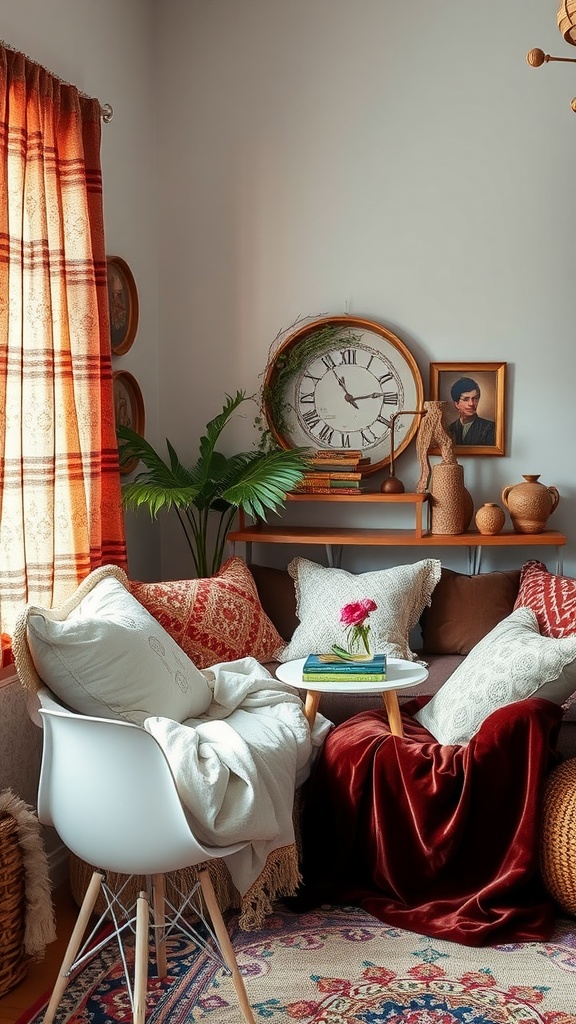 Cozy bohemian living room with mixed textures and warm colors.