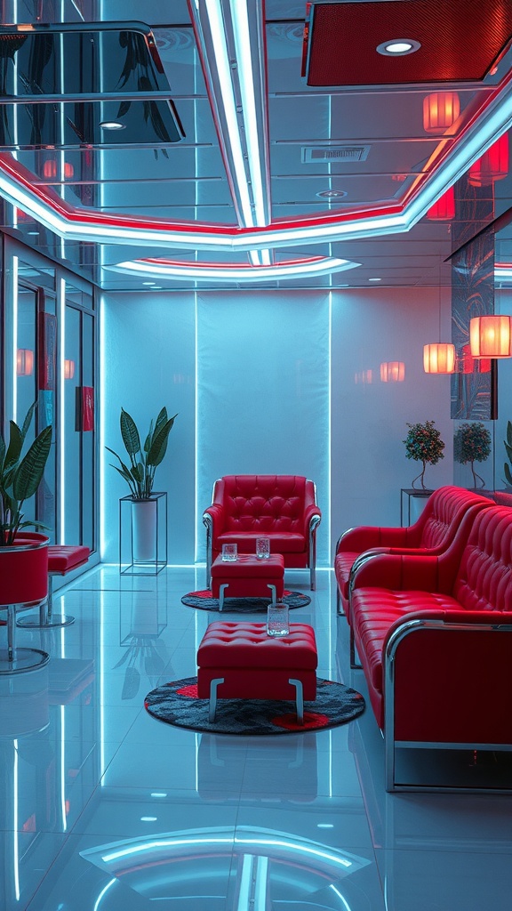 A retro futurism interior featuring velvet chairs, chrome accents, and plastic elements.