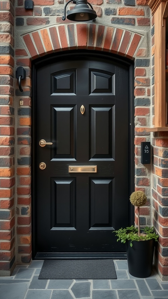 A black front door set in a brick archway with a small potted plant beside it.