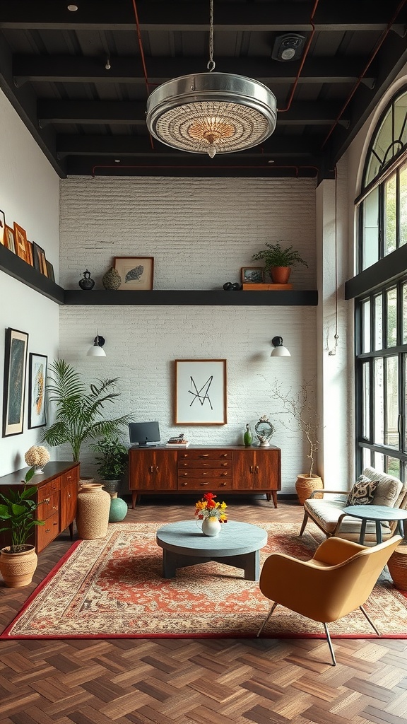 A stylish living room featuring both vintage and contemporary furniture.