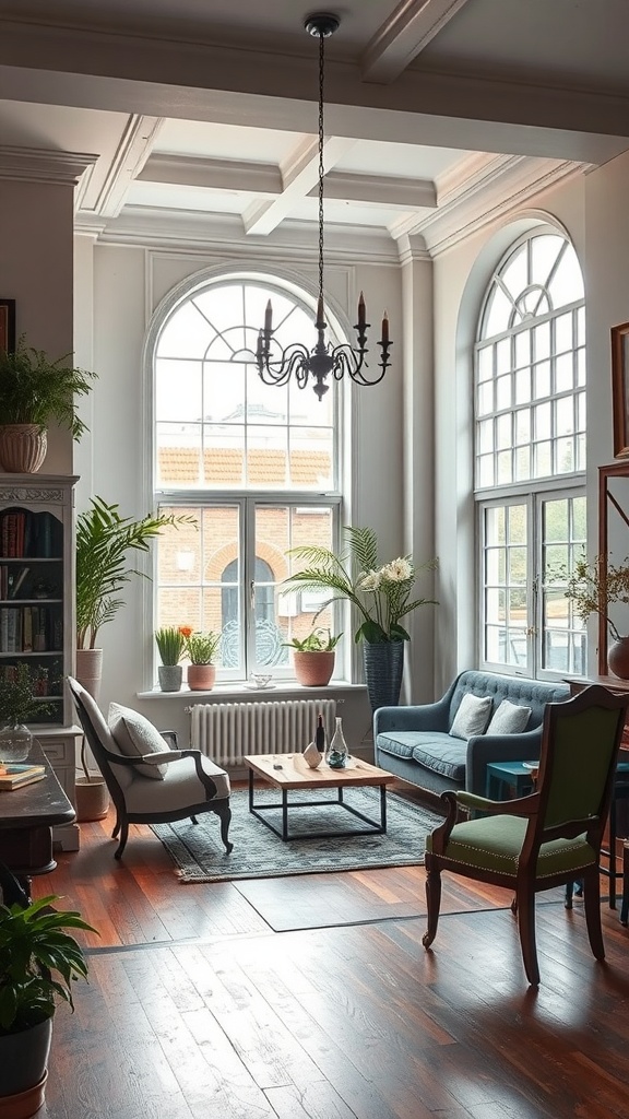 A cozy living room featuring vintage and modern furniture with large windows and plants.