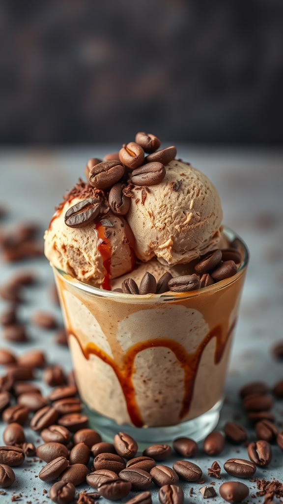 A delicious serving of mocha coffee keto ice cream topped with coffee beans.