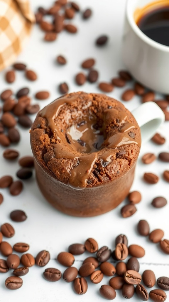 A mocha keto mug cake topped with melted chocolate drizzle, surrounded by coffee beans and a cup of coffee.