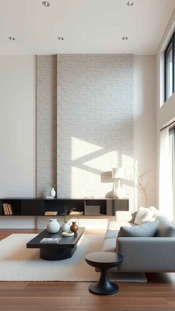 A modern living room with a sleek stone wall, minimalist furniture, and natural light.