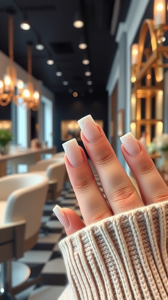 A close-up of square acrylic nails in a stylish setting.