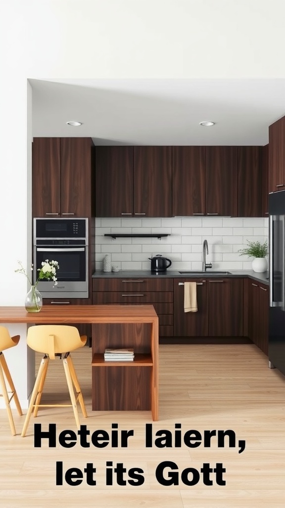 Contemporary kitchen featuring dark wood cabinetry and minimalist design
