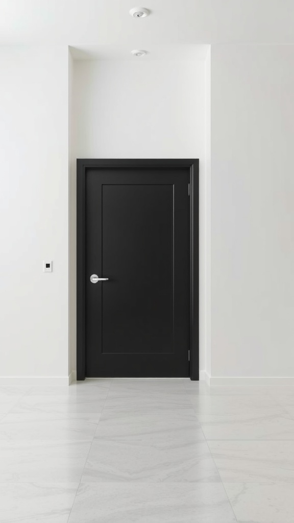 A modern black door in a minimalist interior setting with white walls and marble flooring.