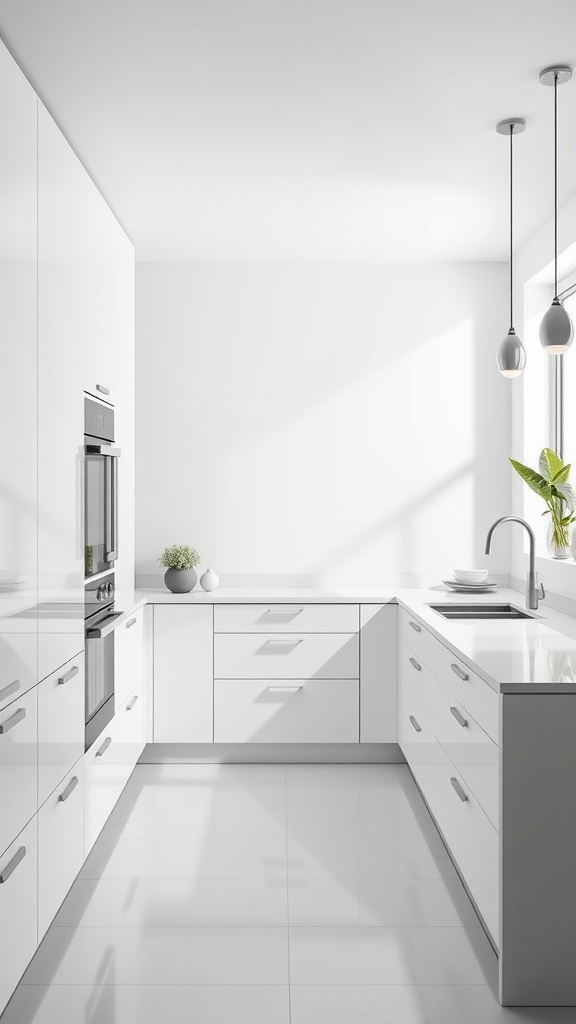 A modern minimalist kitchen with white cabinetry, sleek design, and natural light.