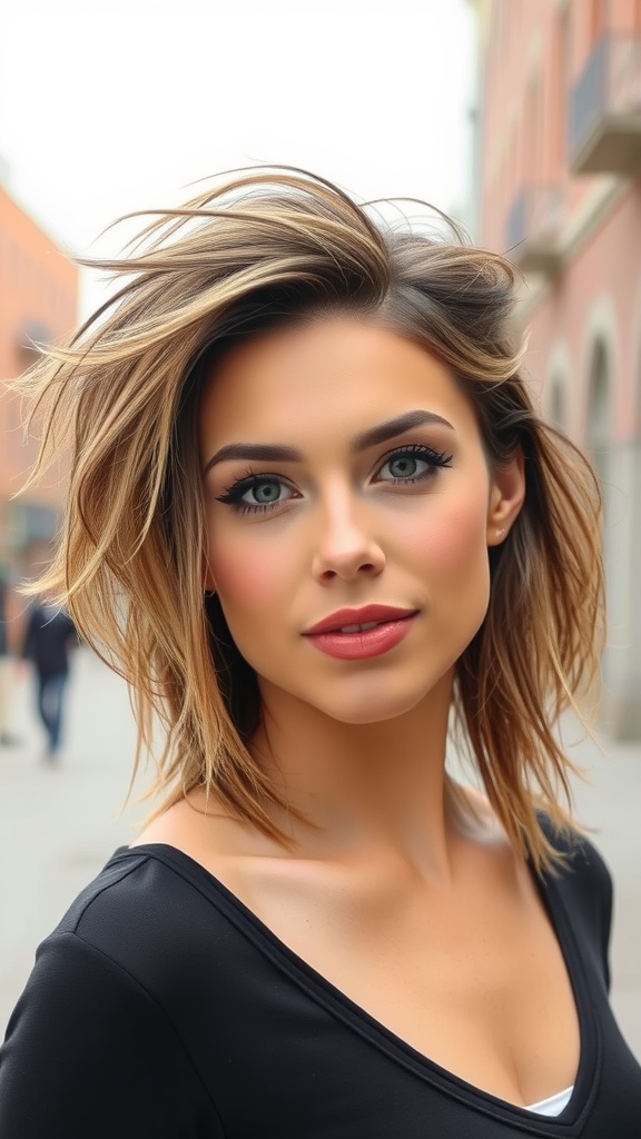 Woman with a modern mullet hairstyle featuring textured layers