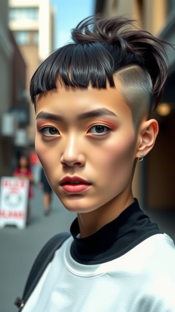A person with a modern undercut hairstyle featuring dramatic bangs, showcasing an edgy and stylish look.