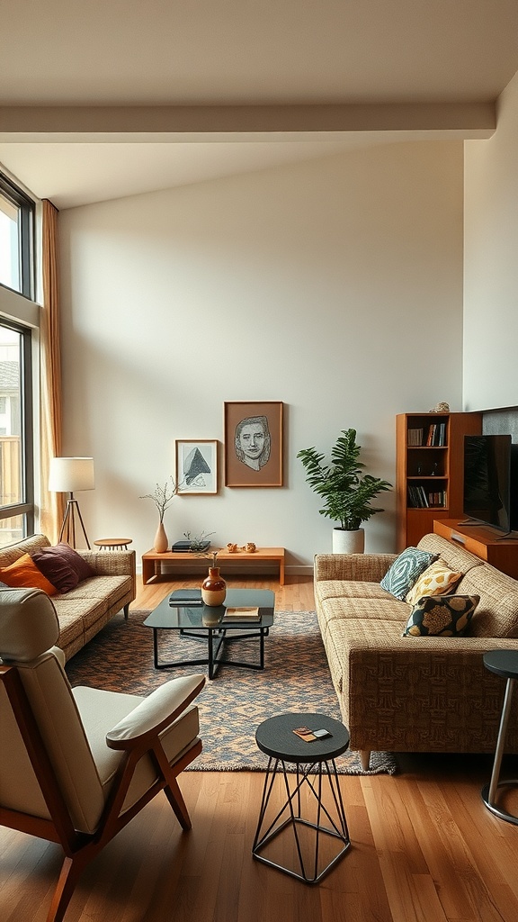 A cozy living room featuring 70s style modular furniture with earthy tones and decorative elements.