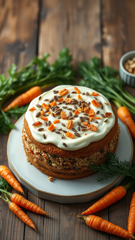 A delicious carrot cake topped with cream cheese frosting and garnished with nuts and carrot pieces.