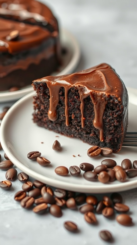 Slice of moist chocolate cake with coffee infusion drizzled with chocolate sauce