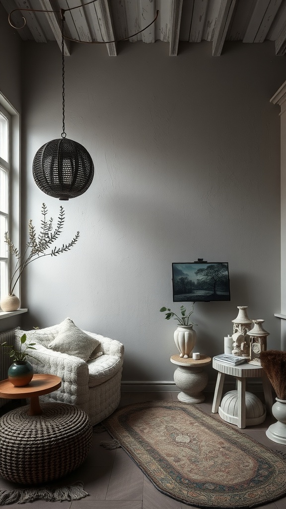 A cozy corner featuring a monochromatic bohemian style with soft textures and earthy tones.