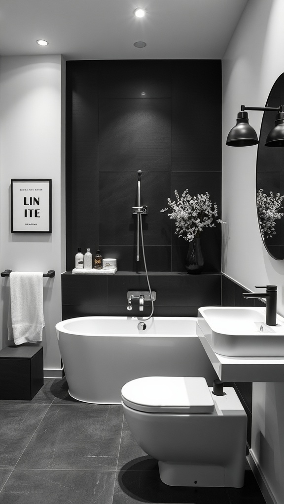 Modern monochrome bathroom interior design with black and white elements.