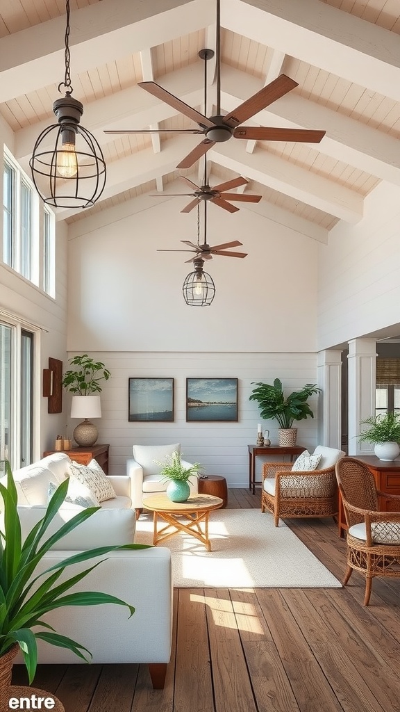 Interior view of a beach house living room with stylish lighting fixtures.