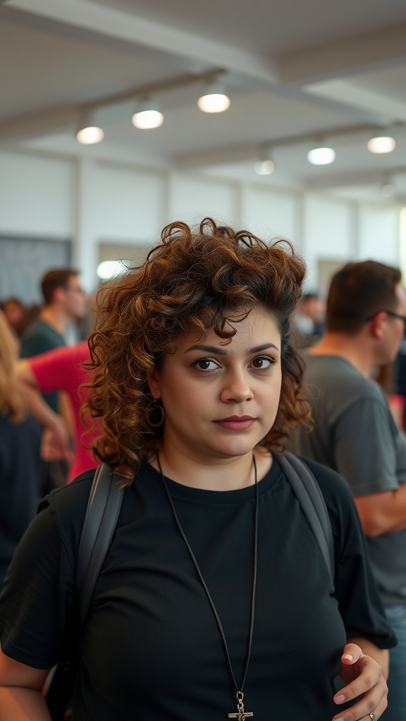 A woman with curly hair styled in a mullet hairstyle.