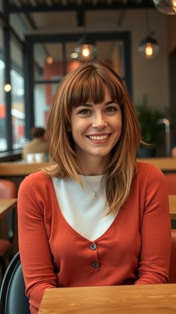 A woman with a mullet hairstyle featuring bangs, smiling in a cozy café setting.