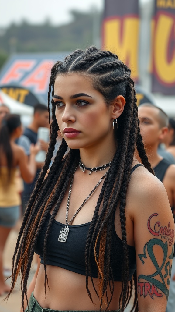 A woman with a braided mullet hairstyle, showcasing a unique and stylish look.