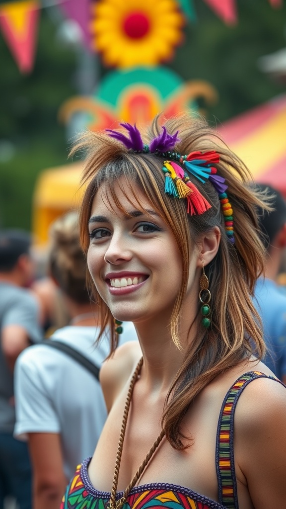 A smiling woman with a mullet hairstyle and colorful hair accessories at a festival.