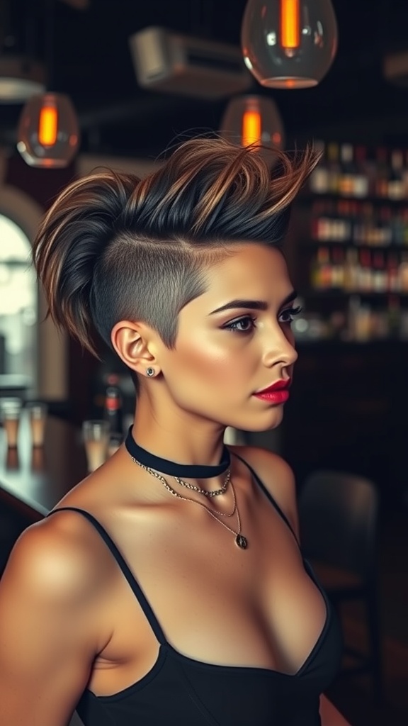 A woman showcasing a mullet hairstyle with an undercut, exuding a stylish and edgy vibe.