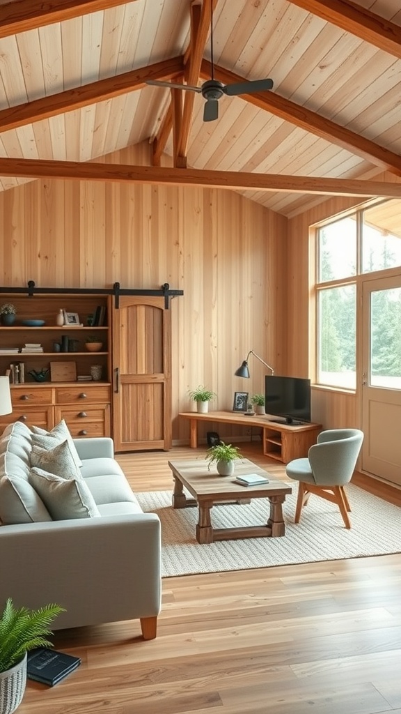 Cozy barndominium interior with multi-functional furniture.