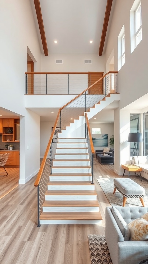 A stylish multi-level staircase with wooden accents and modern railing in a bright, open space.