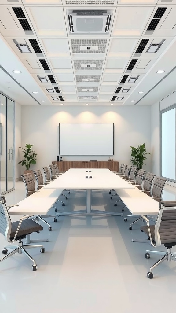 Modern conference room with a long table, chairs, and a presentation screen.