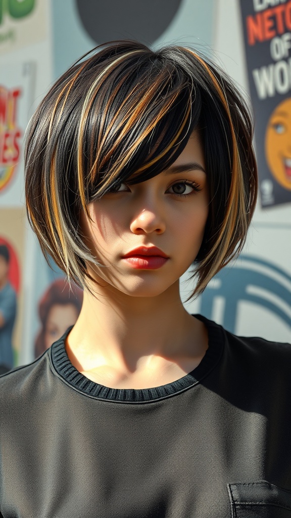 A woman with a multi-toned choppy bob hairstyle featuring dark and light streaks.