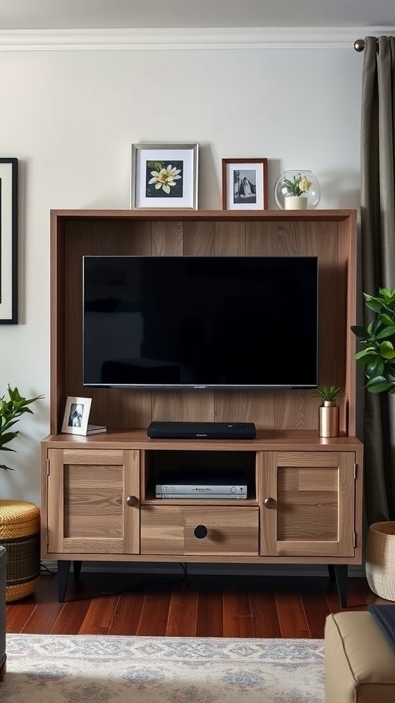 A stylish TV unit with storage and decorative items, ideal for small spaces.