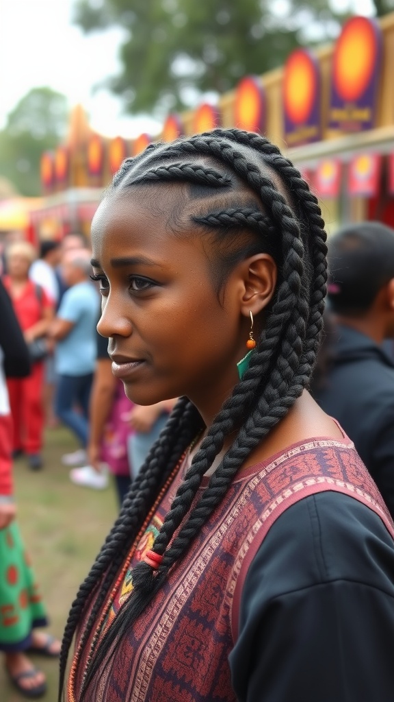 A woman with multiple braids styled in a creative way.