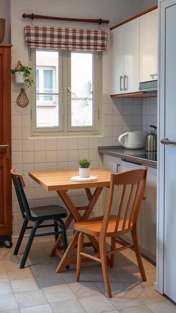 A small kitchen featuring a foldable table with two chairs, one wooden and one dark green, under a window.
