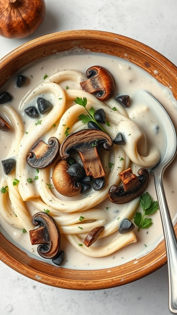 A bowl of creamy mushroom alfredo sauce with low-carb pasta.