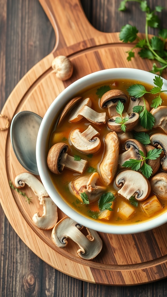 A bowl of mushroom and chicken soup garnished with herbs.