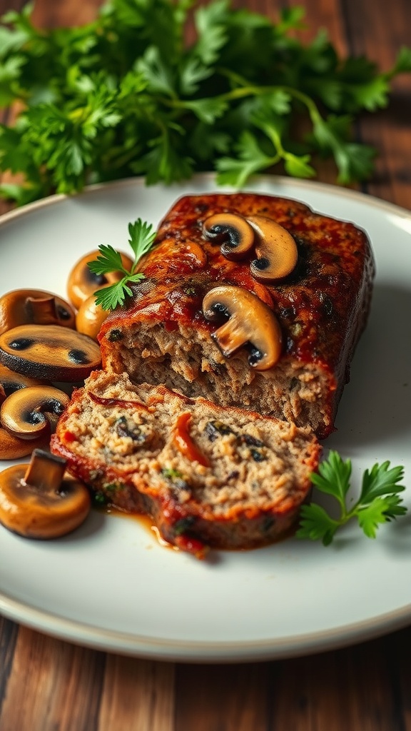 A slice of mushroom and garlic meatloaf served with mushrooms on the side.