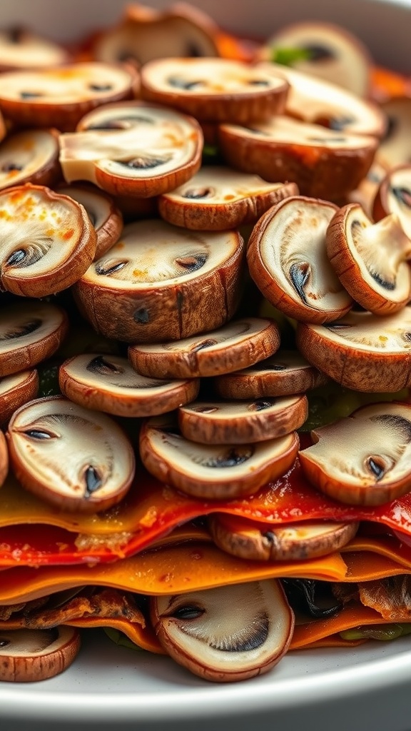 A stacked arrangement of sliced mushrooms and vibrant layers