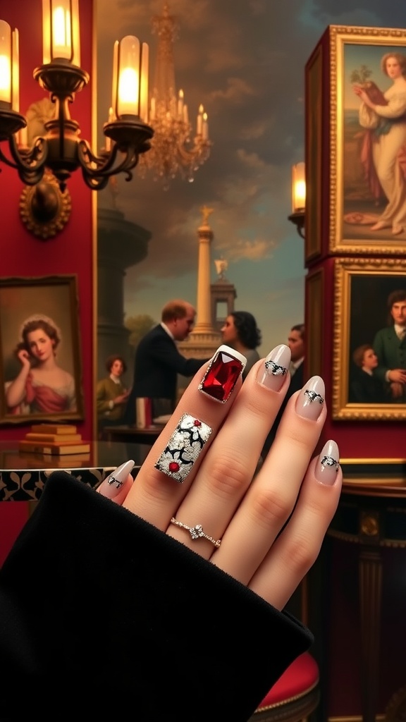 A close-up of square acrylic nails with intricate designs and a red gemstone, set against an elegant backdrop.