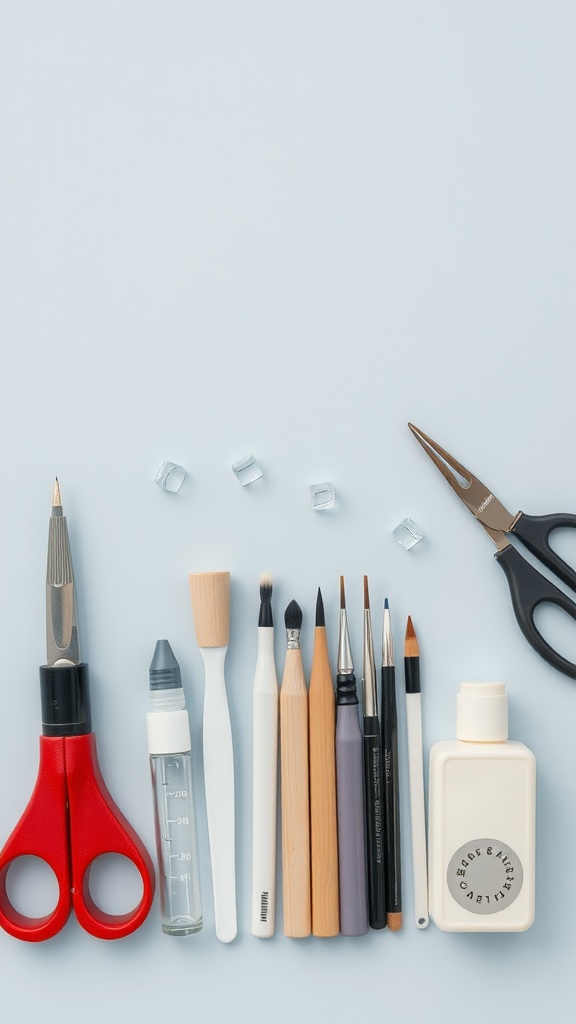 Various nail art supplies including scissors, brushes, and nail products for square acrylic nails.