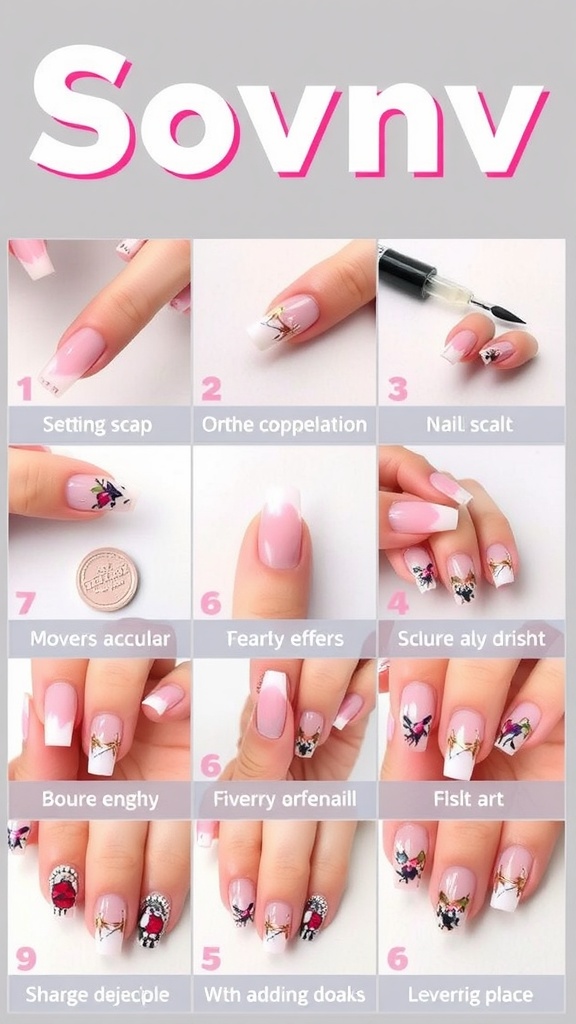A collage showcasing various nail art techniques for square acrylic nails