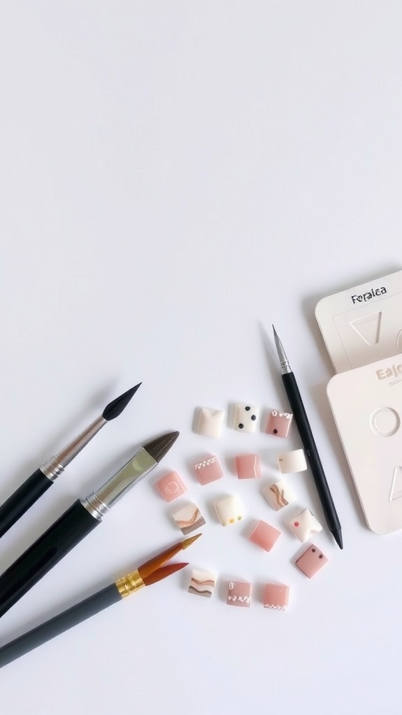 A collection of nail art tools including brushes and decorative pieces for creating designs on short square nails.