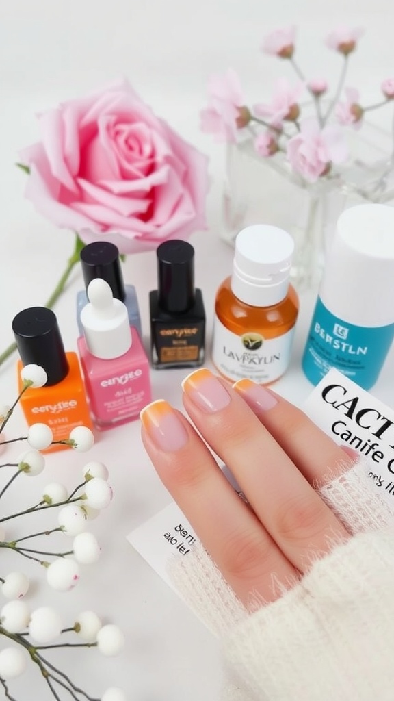 A close-up of hands with square acrylic nails, surrounded by nail polish bottles and a rose.