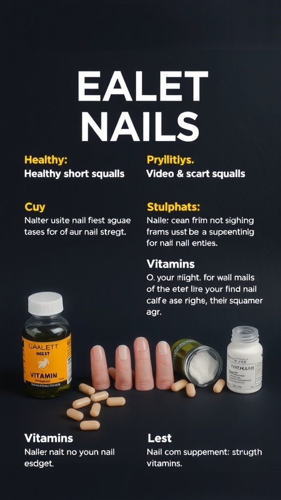 Illustration of various vitamins and nail care products for short square nails.