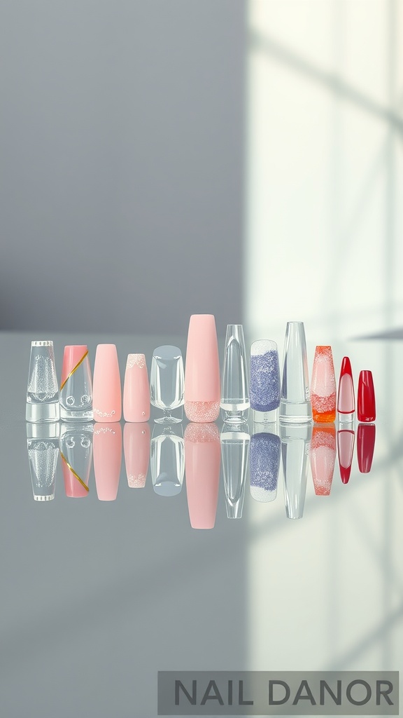 A variety of square acrylic nails in different colors and designs arranged neatly.