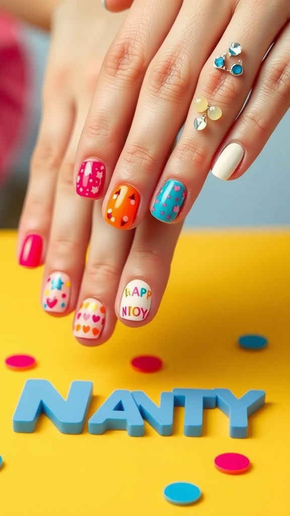 A hand with colorful oval nails featuring different designs and patterns.