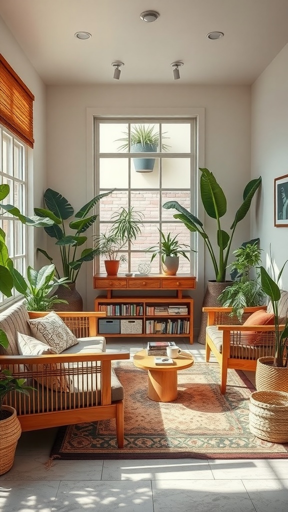 A cozy interior with natural elements including plants and wooden furniture, reflecting Nordic design.