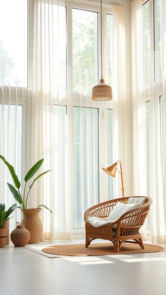A bright, airy boho-inspired living space with large windows, a rattan chair, and green plants.