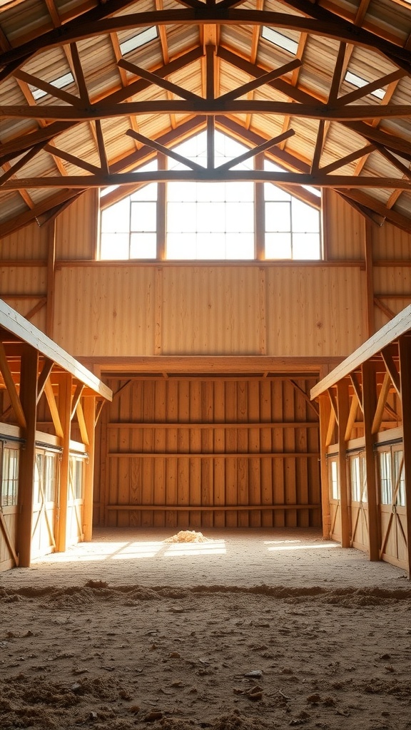 Interior of a barndominium with large windows and natural light